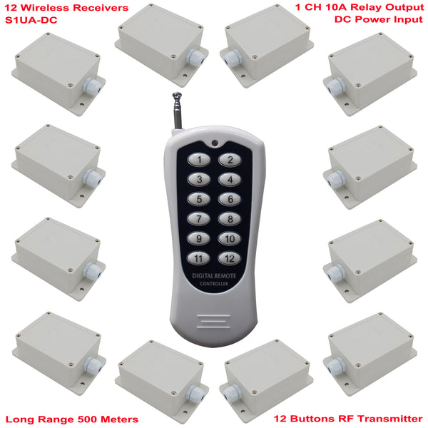DC Wireless Remote Control Switch Kit 1 RF Transmitter and 12 Receivers (Model: 0020359)