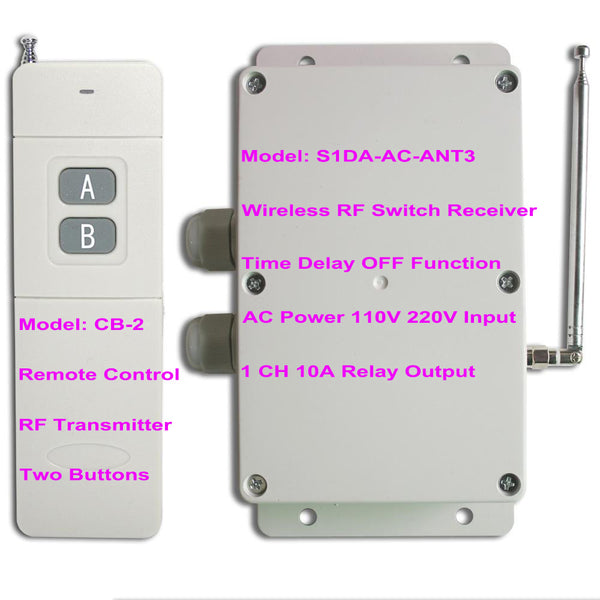 1 Way AC 10A Wireless Remote Control Switch Kit Adjustable Time Delay OFF (Model: 0020483)