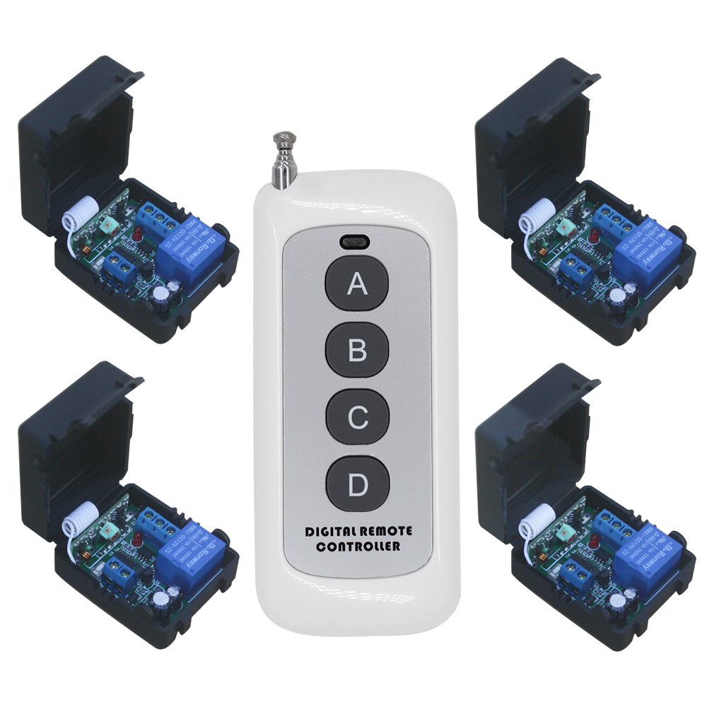 Remote Control System 4 Way One 4-Button RF Transmitter Controls Four DC 10A Wireless Switches ...