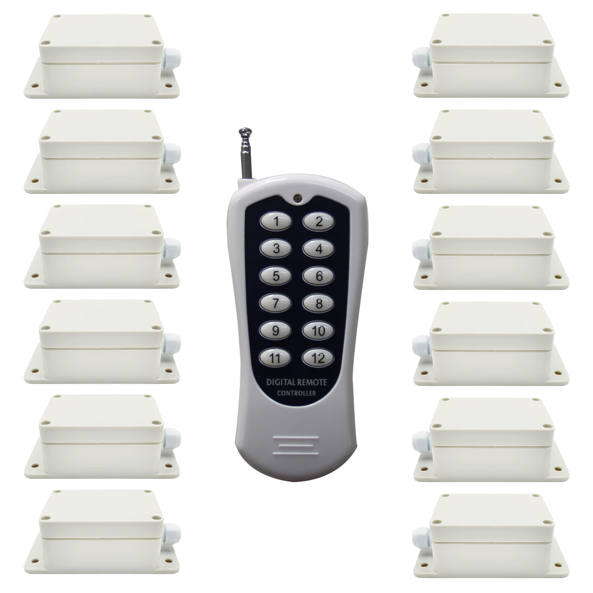 Twelve 1 Way AC Output 30A Wireless Receivers and A RF Transmitter ...
