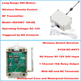 DC 9V 12V 24V input 1 CH 10A relay output wireless switch receiver and RF remote control transmitter triggered by NO contacts. Long range 500 meters.