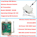 AC 100~240V input 1 CH 10A relay output wireless switch receiver and RF remote control transmitter triggered by NO contacts. Long range 500 meters.