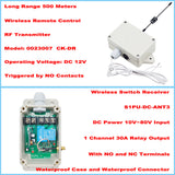 DC 10~80V input 1 CH 30A relay output wireless switch receiver and RF remote control transmitter triggered by NO contacts. Long range 500 meters.
