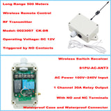 AC 100~240V input 1 CH 30A relay output wireless switch receiver and RF remote control transmitter triggered by NO contacts. Long range 500 meters.