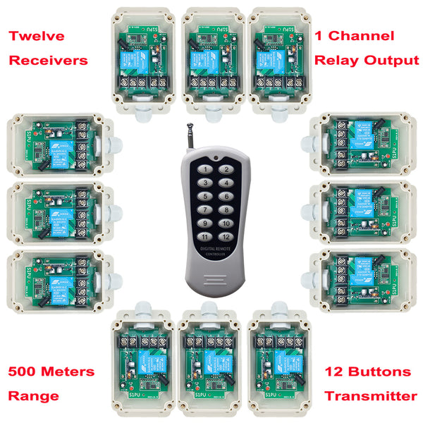 Twelve DC 1-CH 30A Relay Output Wireless Receivers and A 12-Button Transmitter (Model: 0020364)