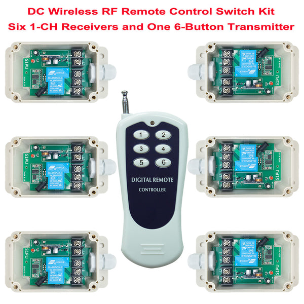Six DC 1-CH 30A Relay Output Wireless Receivers and A 6-Button Transmitter