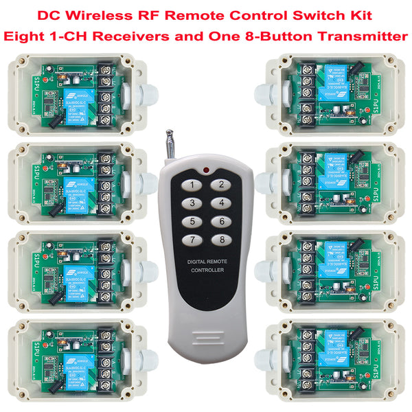 Eight DC 1-CH 30A Relay Output Wireless Receivers and A 8-Button Transmitter